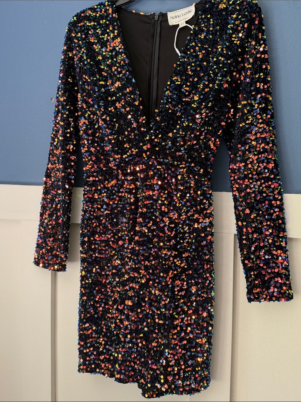 Selfie Leslie “Demure” Navy Sequin Deep V Long-Sleeve Mini Cocktail Dress (NWOT) - Picture 5 of 10